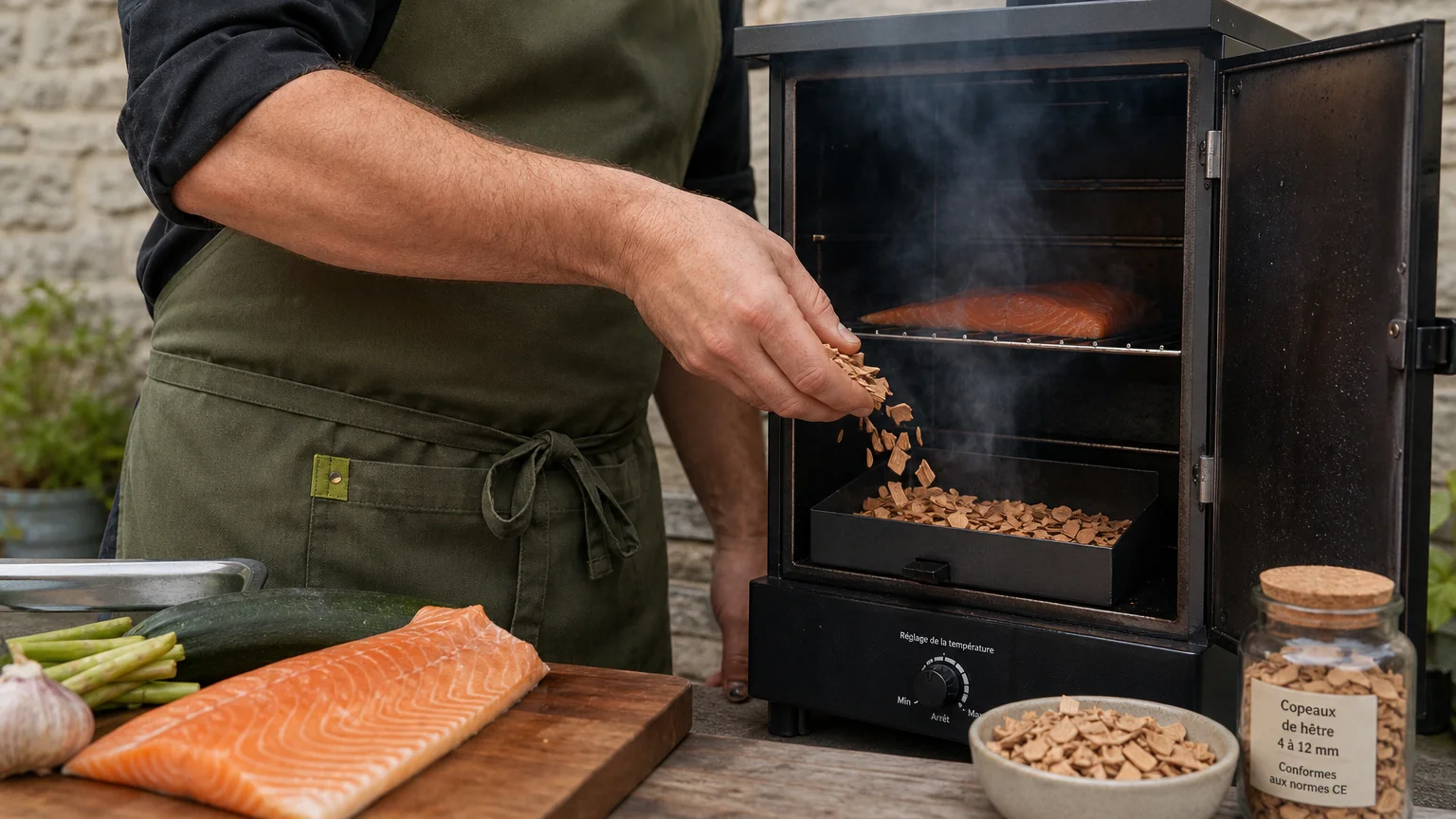 Un cuisinier ajoute des copeaux de hêtre dans un fumoir près d’un poisson et de légumes