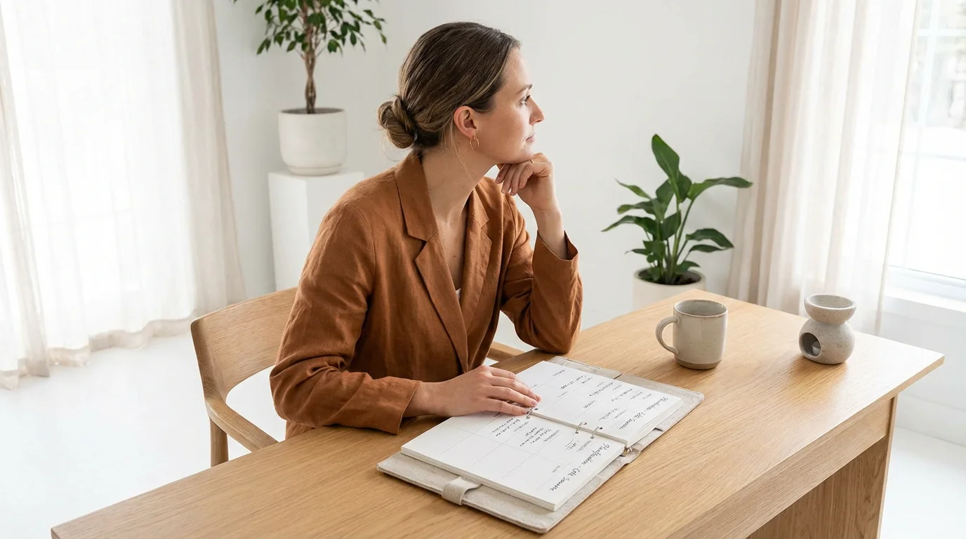 Thérapeute holistique réfléchissant devant un agenda peu rempli dans son cabinet