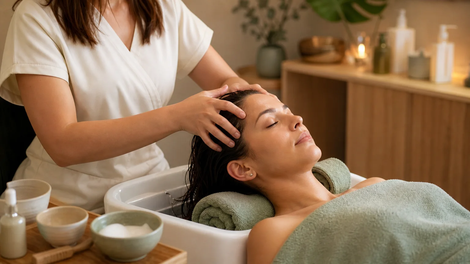 Praticienne réalisant un massage du cuir chevelu pendant une séance de Head Spa