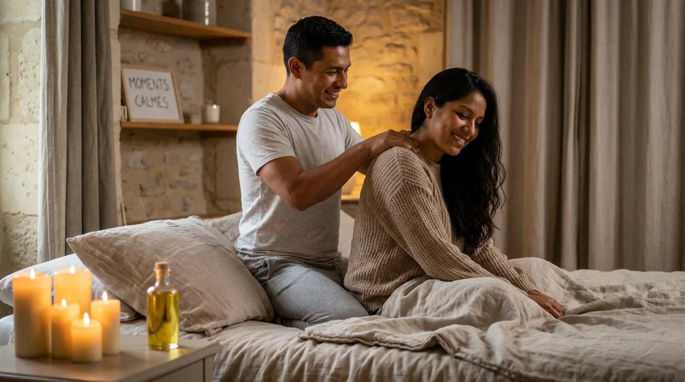 Couple latino-hispanique partageant un massage amoureux dans une chambre chaleureuse éclairée aux bougies