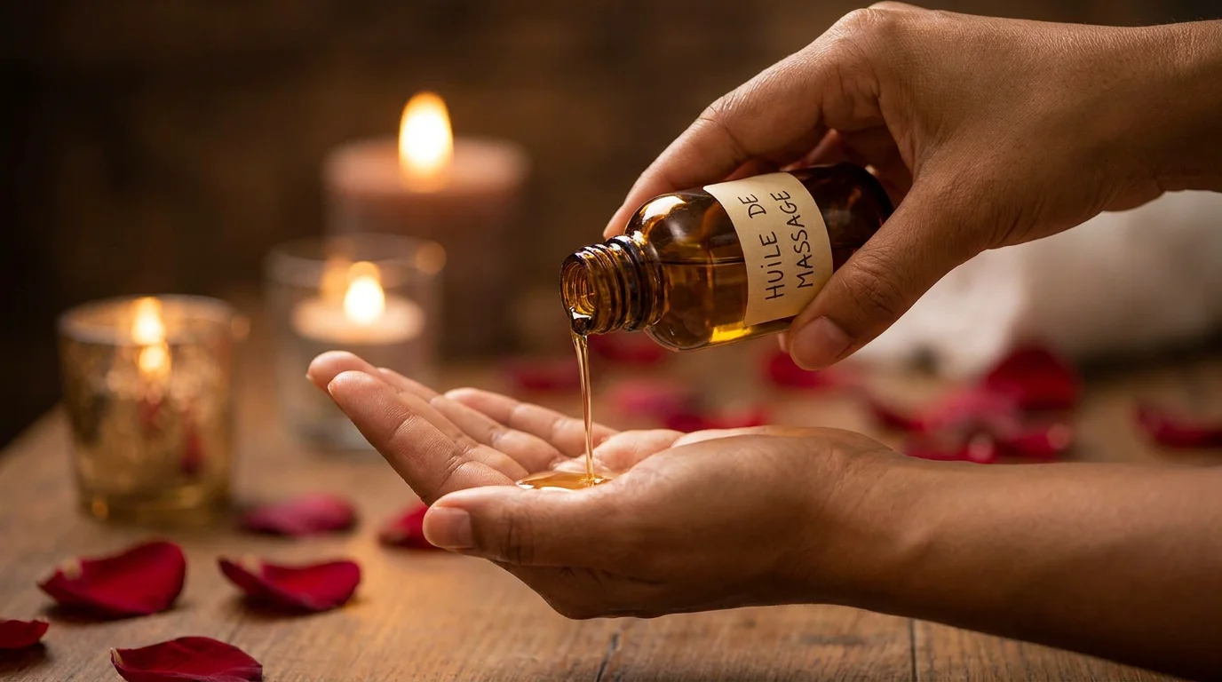 Mains versant de l'huile de massage dorée dans une paume avec des bougies et des pétales de rose en arrière-plan