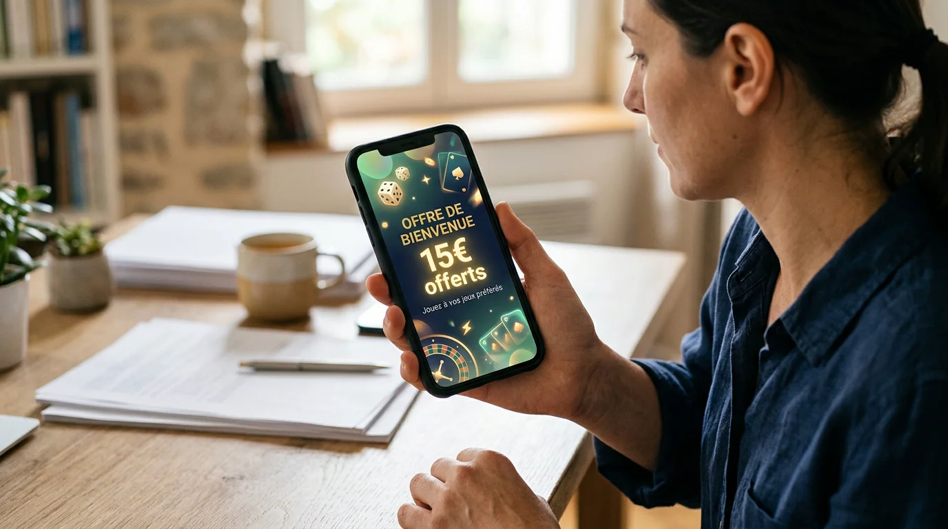 Joueur consultant une offre de bonus sans dépôt de 15 € sur son téléphone