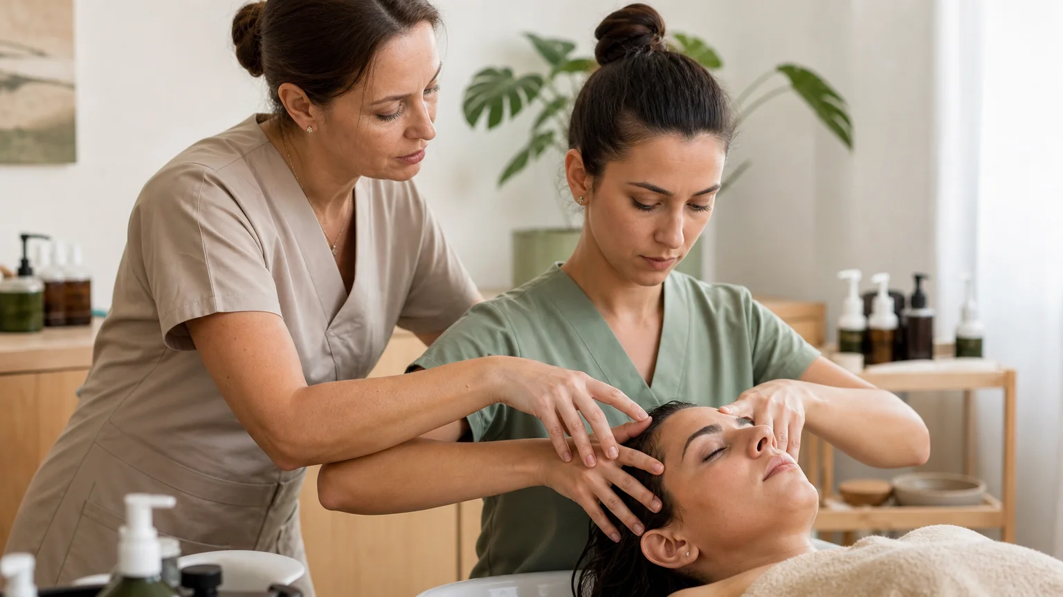Pratique supervisée du massage du cuir chevelu pendant une formation Head Spa