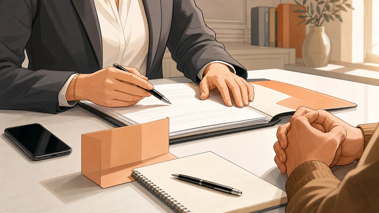 Gros plan illustré sur des mains consultant un dossier juridique avec un avocat.