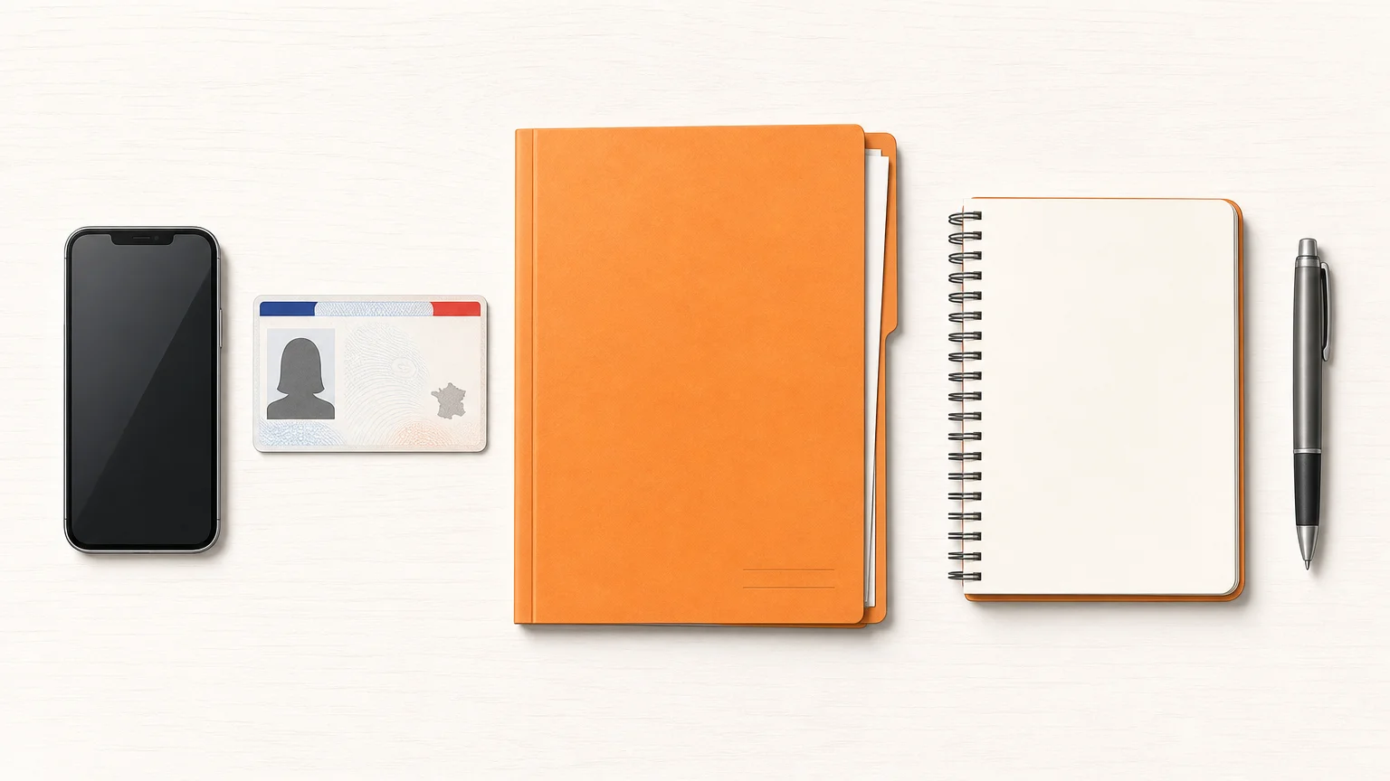 Illustration en vue plongeante de documents neutres, d’un téléphone, d’une pièce d’identité et d’un stylo préparés pour un appel juridique.