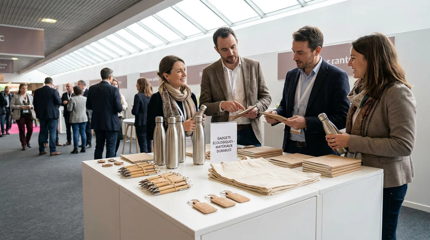 Stand professionnel avec gadgets publicitaires éco-responsables disposés sur une table lors d'un salon en France