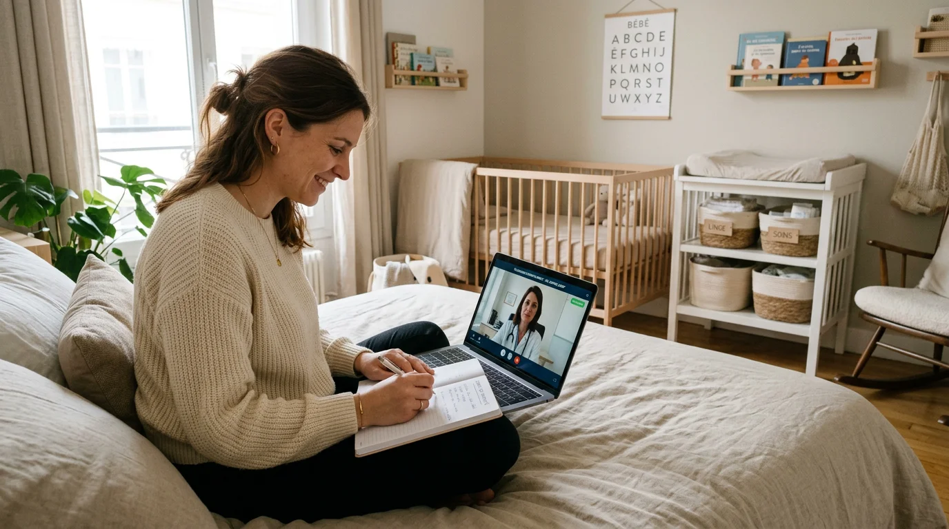 Mère en consultation vidéo à domicile pour le sommeil de son enfant