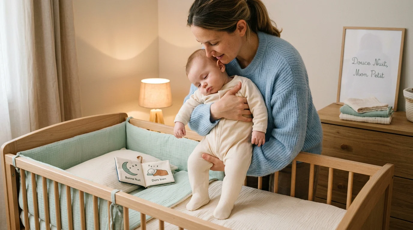 Parent couchant son bébé apaisé dans son lit au moment du coucher