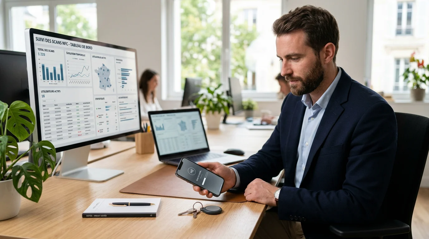 Professionnel scannant un objet publicitaire connecté NFC avec son smartphone