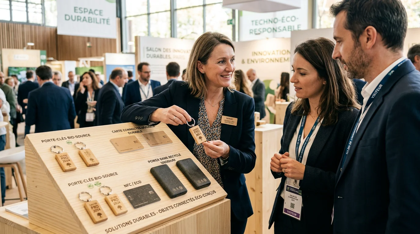 Objets publicitaires connectés éco-conçus présentés sur un stand de salon