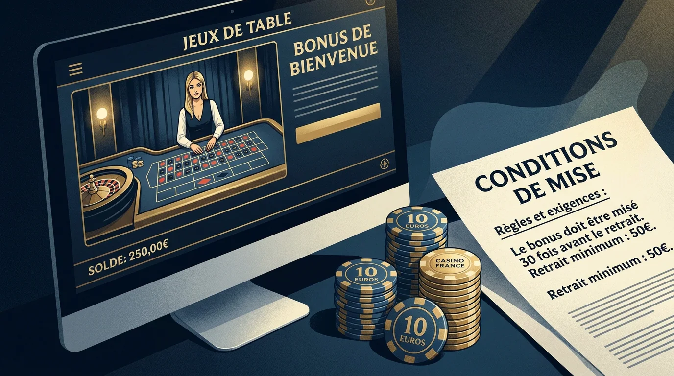 Illustration d'un bonus de 10 euros sans dépôt sur un casino en ligne avec conditions de mise