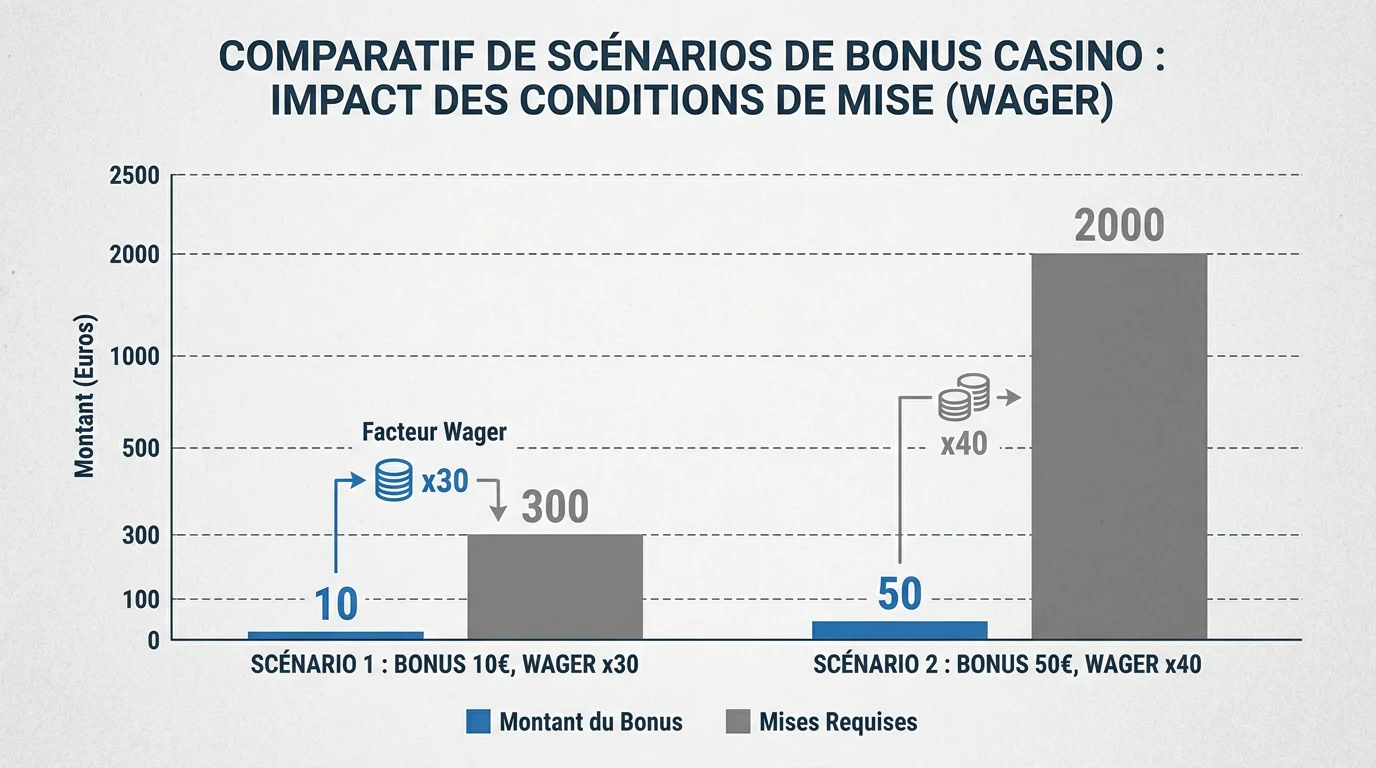 Infographie comparant le wagering d'un bonus de 10 euros versus 50 euros sans dépôt