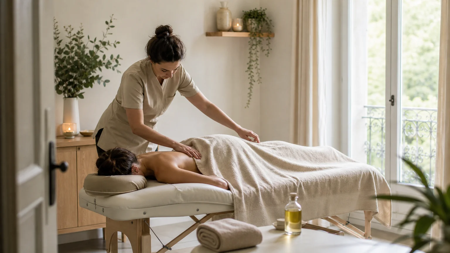 Séance de massage bien-être à domicile dans un intérieur lumineux