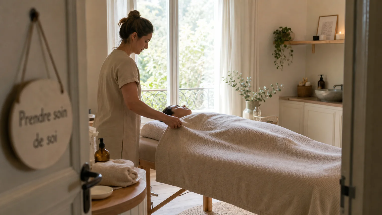 Séance de massage bien-être à domicile dans un intérieur lumineux
