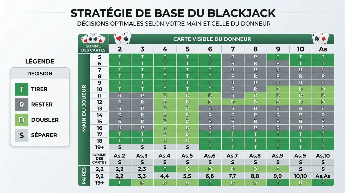 Tableau de stratégie de base du blackjack avec code couleur des décisions