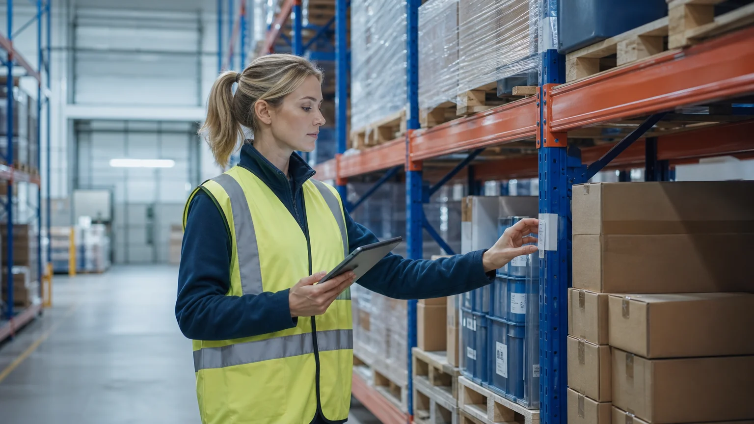 Employée vérifiant les stocks sur des rayonnages dans un entrepôt