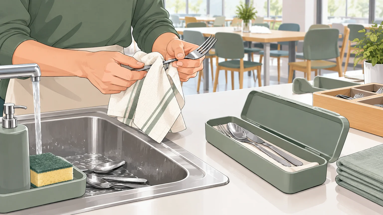 Nettoyage et rangement de couverts réutilisables après un repas