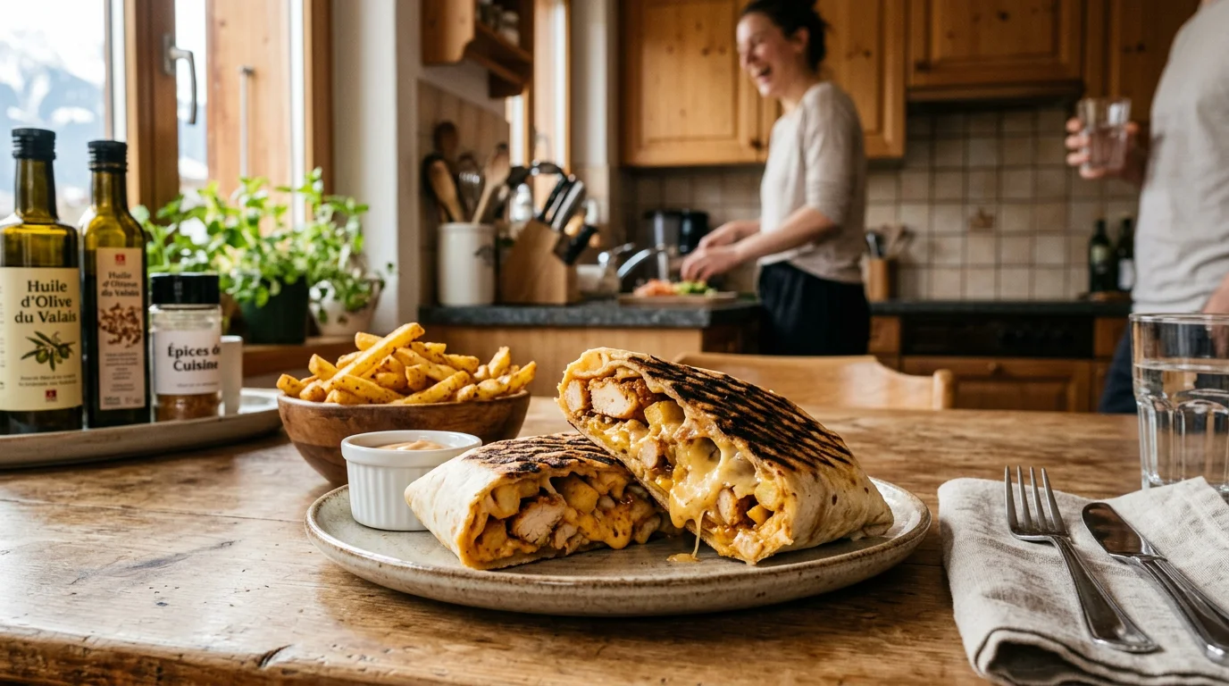 French tacos maison grillé et coupé, servi avec des frites