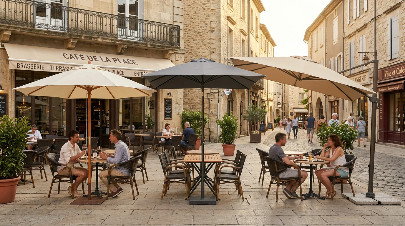 Trois parasols publicitaires de formes différentes sur une terrasse