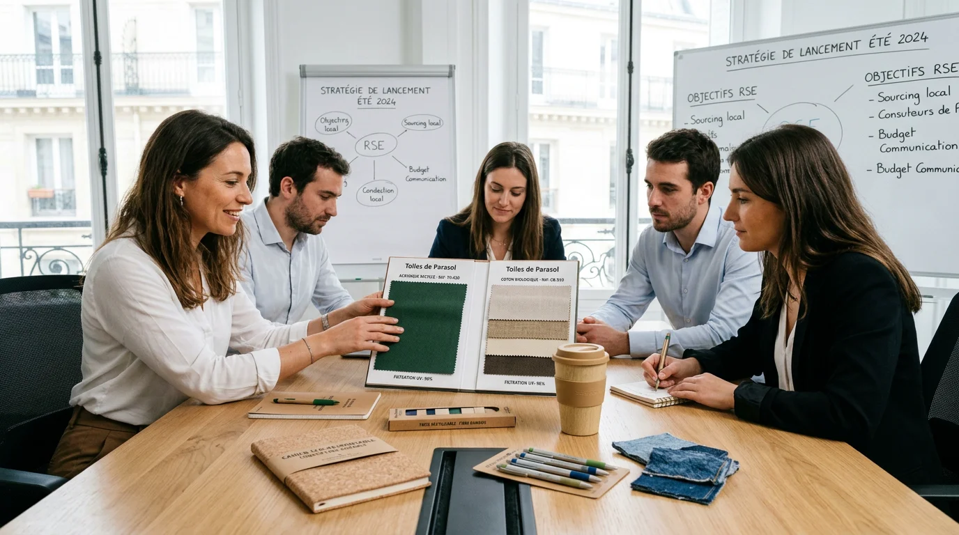Équipe marketing examinant une toile de parasol éco-responsable