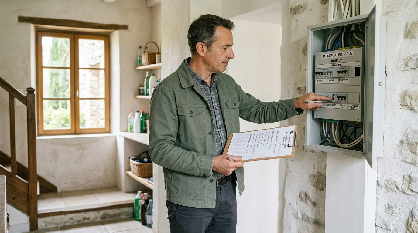 Diagnostiqueur certifié inspectant une installation lors de la vente d'une maison
