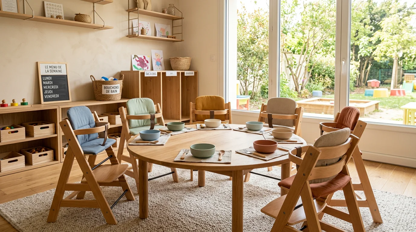 Espace repas d'une crèche équipé de chaises hautes en bois pour tout-petits