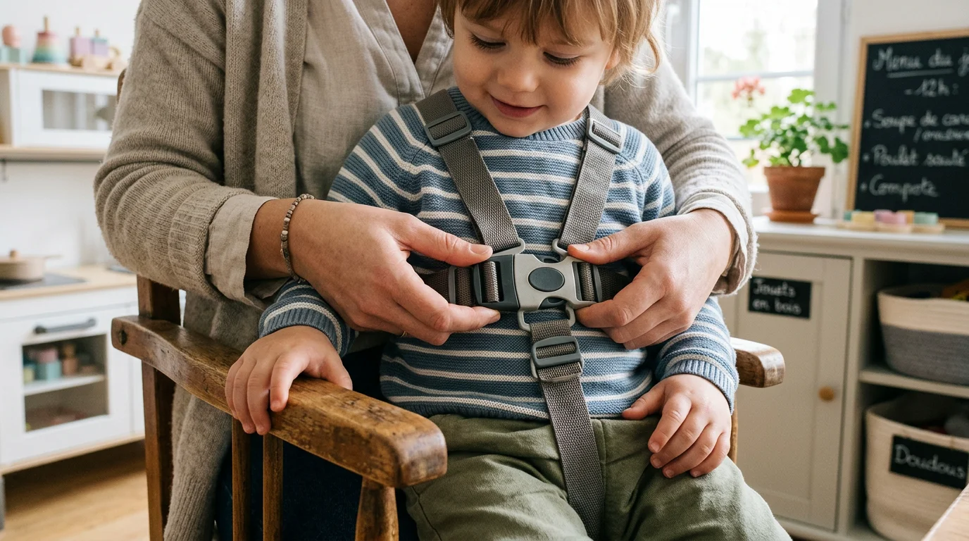 Professionnelle de la petite enfance attachant le harnais de sécurité d'une chaise haute