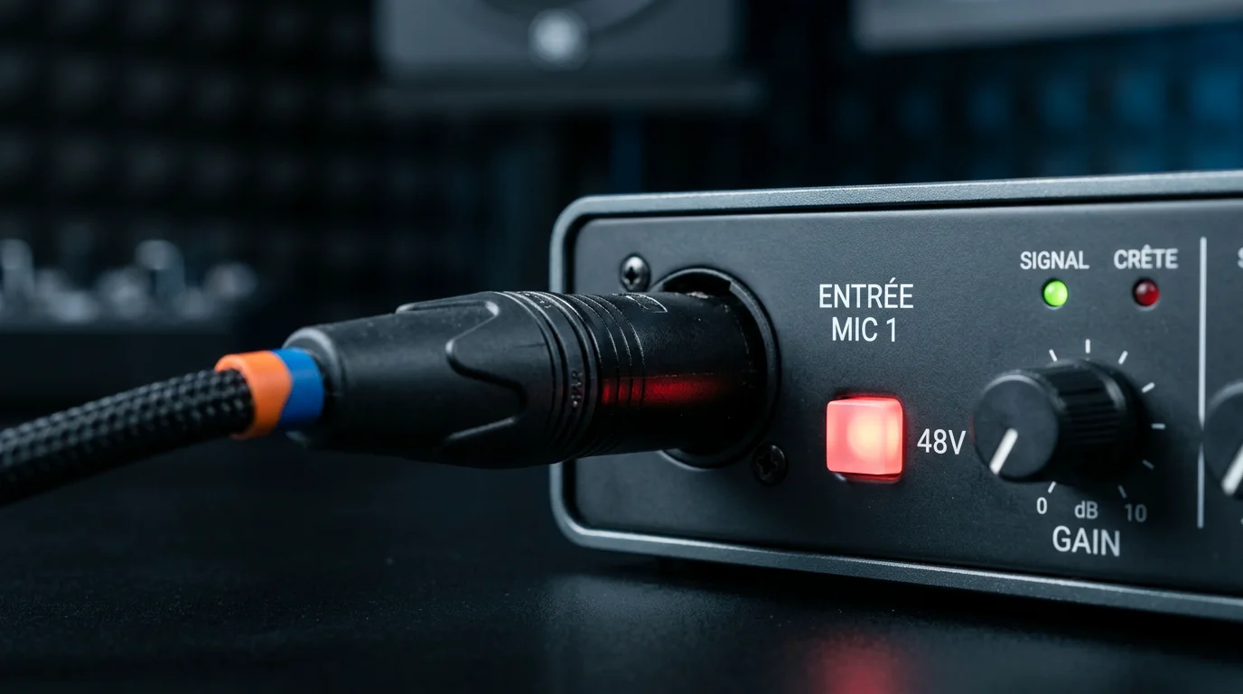 Câble XLR relié à une interface audio dotée d'un bouton d'alimentation fantôme 48V