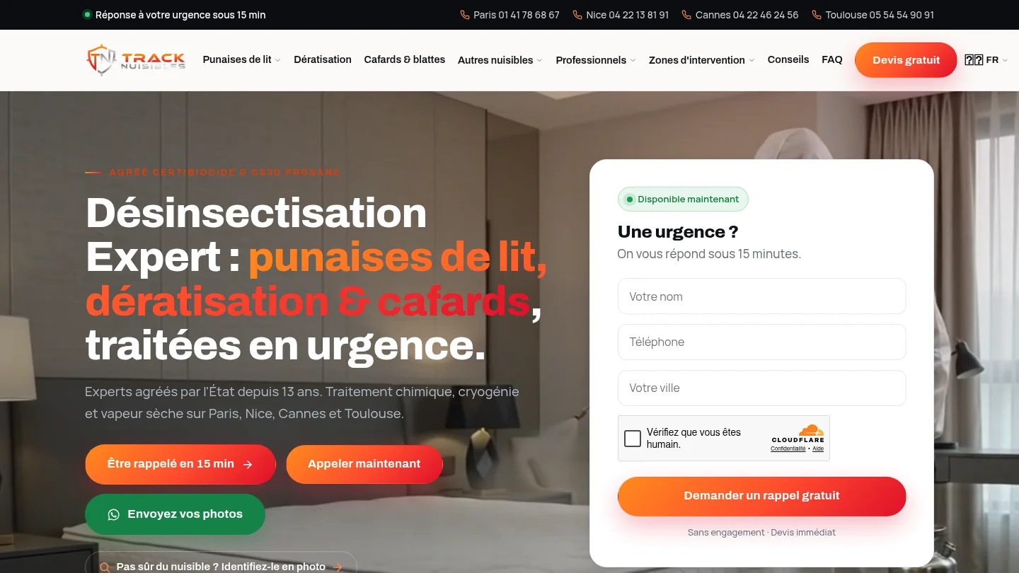 Capture de la page d’accueil de Track Nuisibles