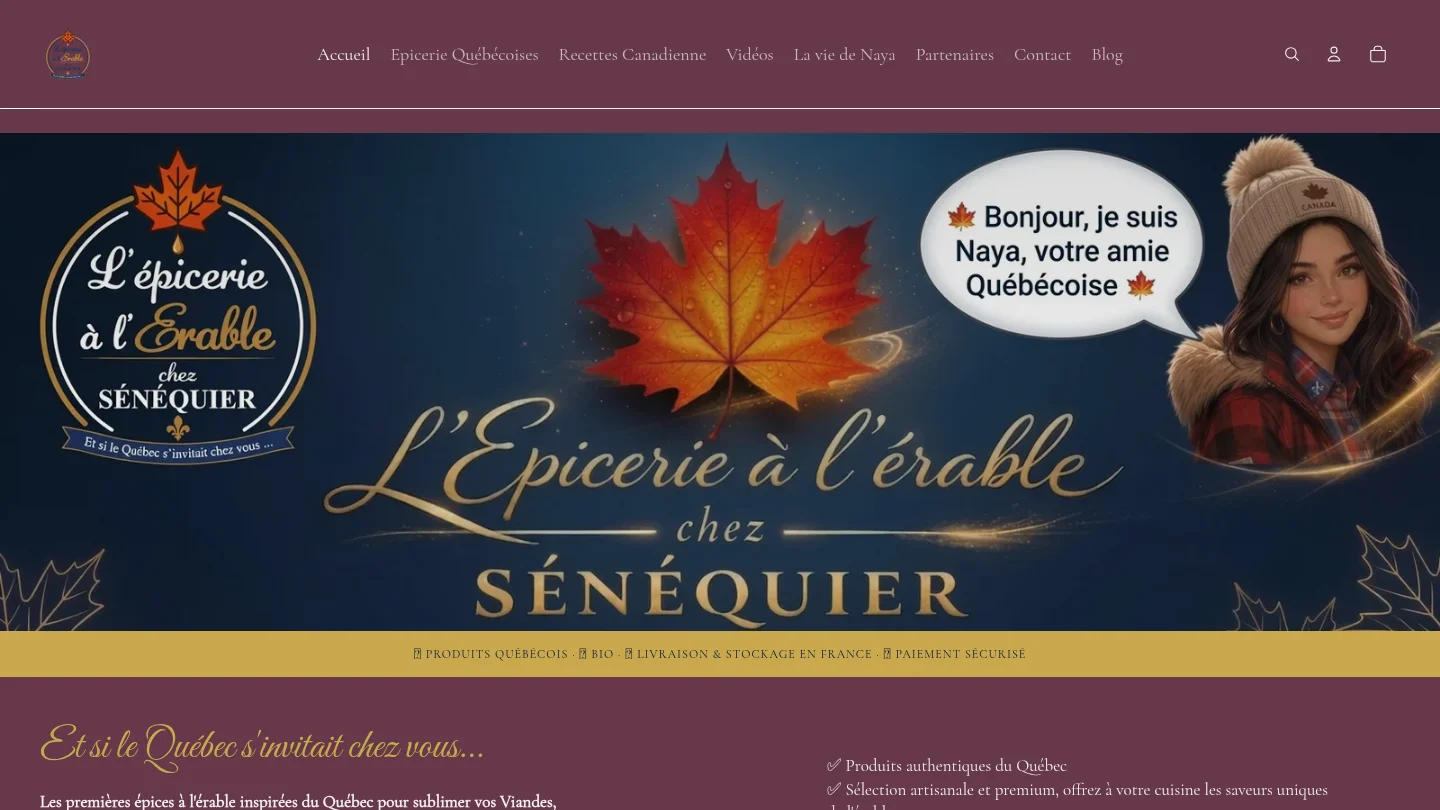 Capture de la page d’accueil de L'épicerie à l'érable chez Sénéquier