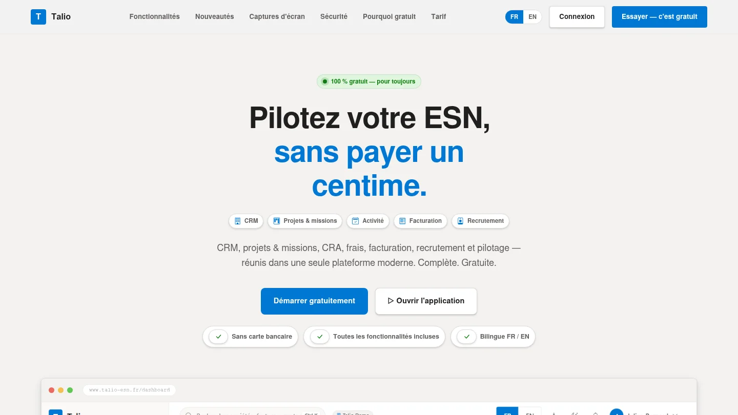 Capture de la page d’accueil de Talio