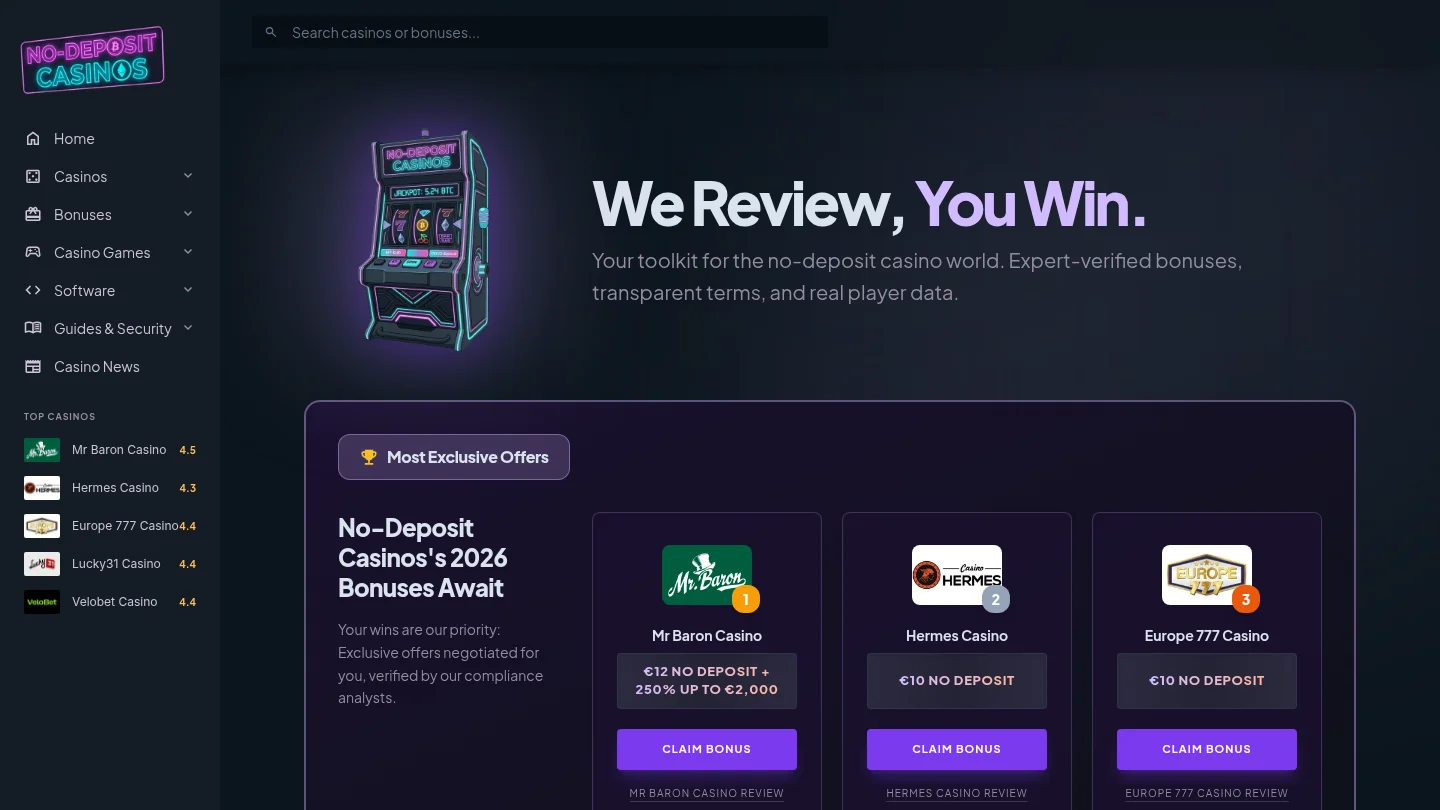 Homepage of No Deposit Casinos