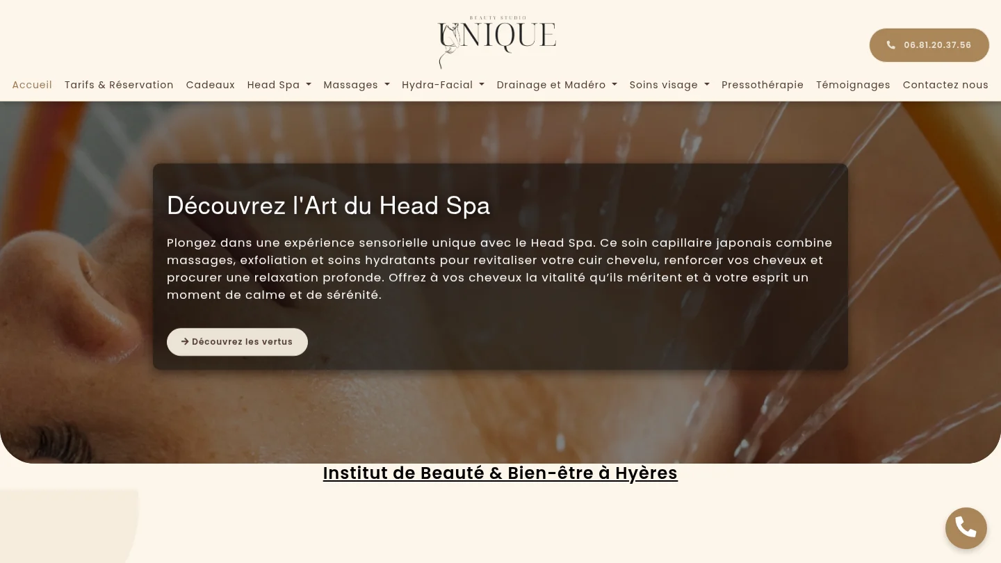 Capture de la page d’accueil de Unique Beauty Studio