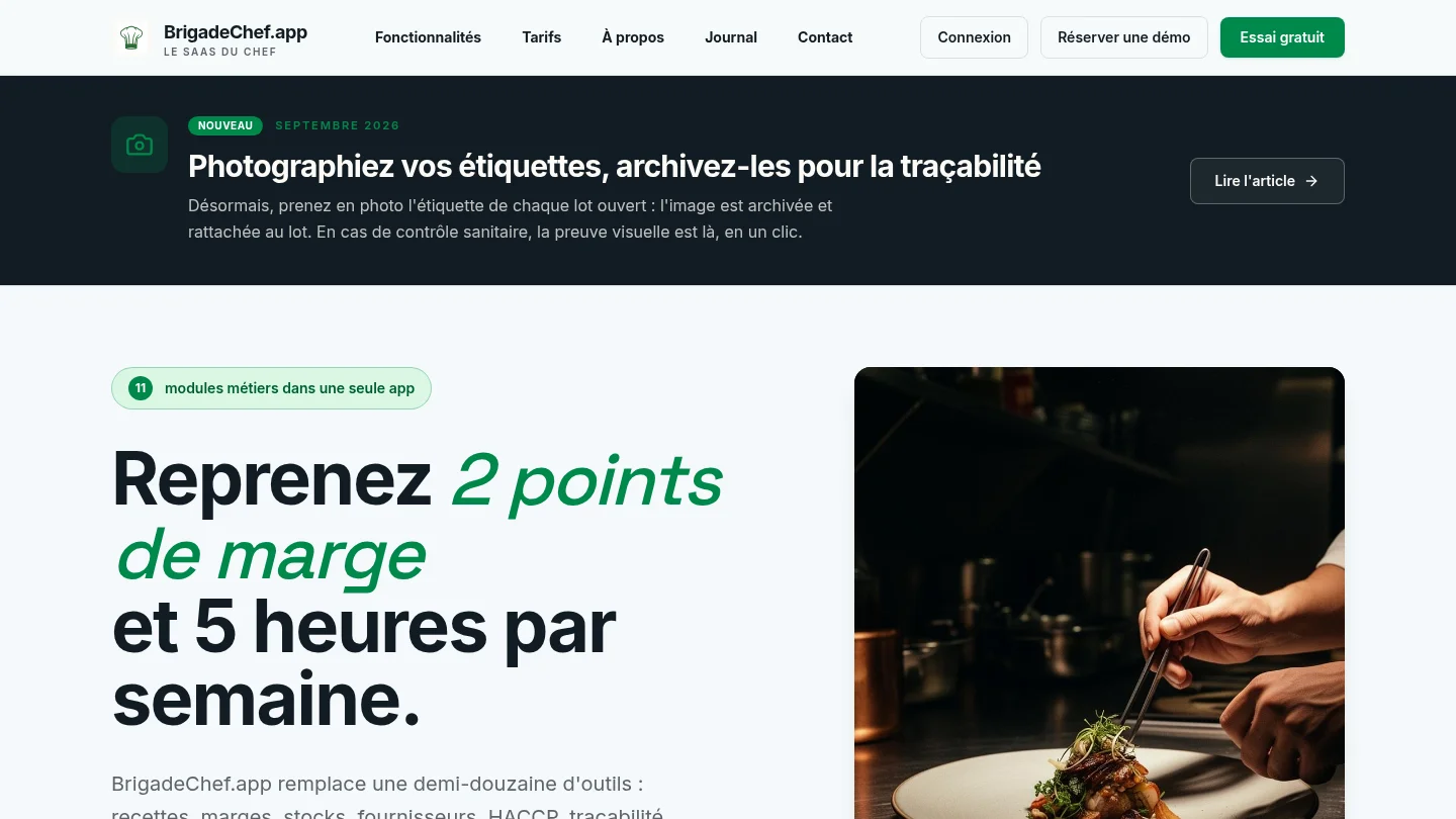 Capture de la page d’accueil de BrigadeChef.app