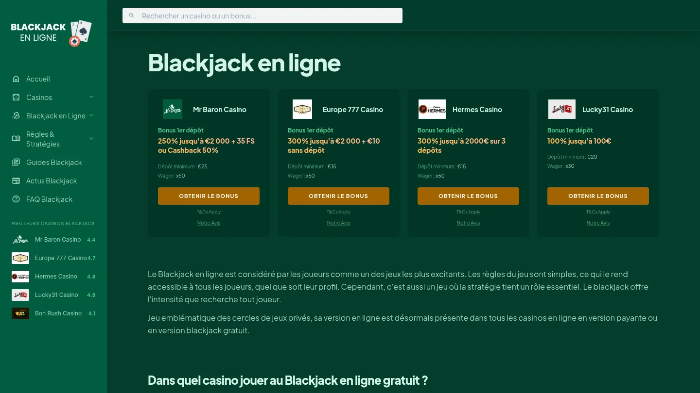 Capture de la page d’accueil de Blackjack en Ligne