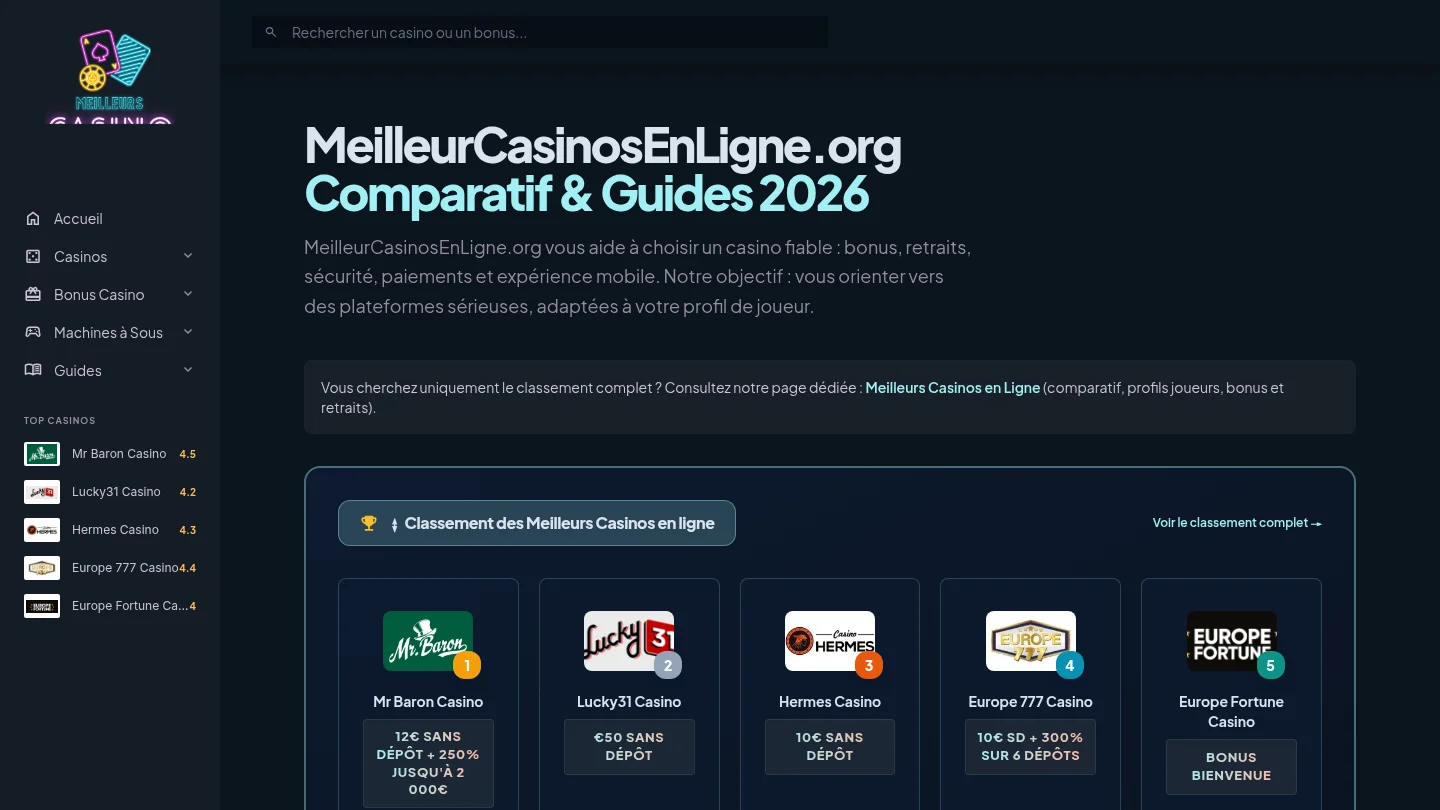 Capture de la page d’accueil de MeilleurCasinosEnLigne