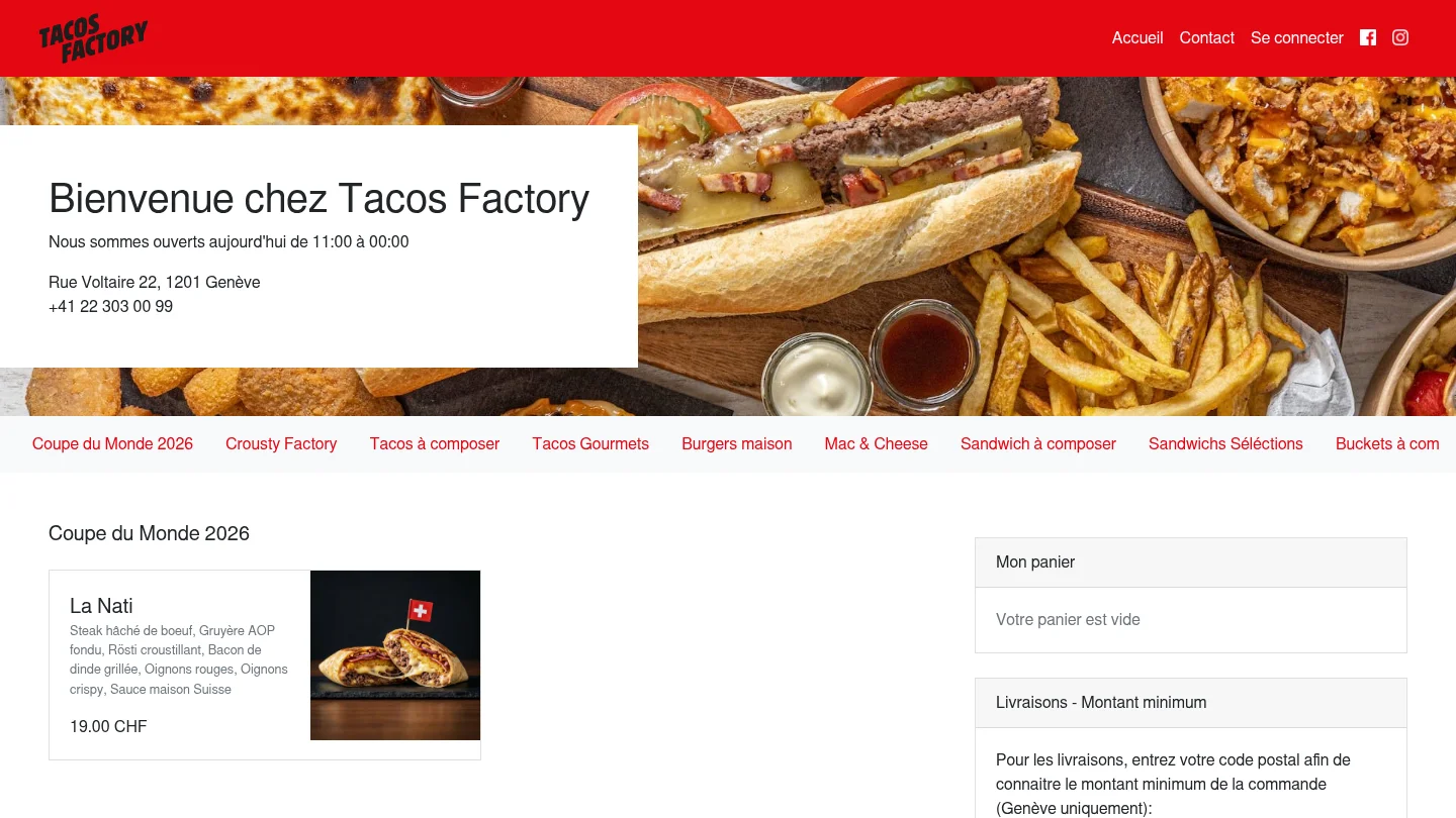Capture de la page d’accueil de Tacos Factory