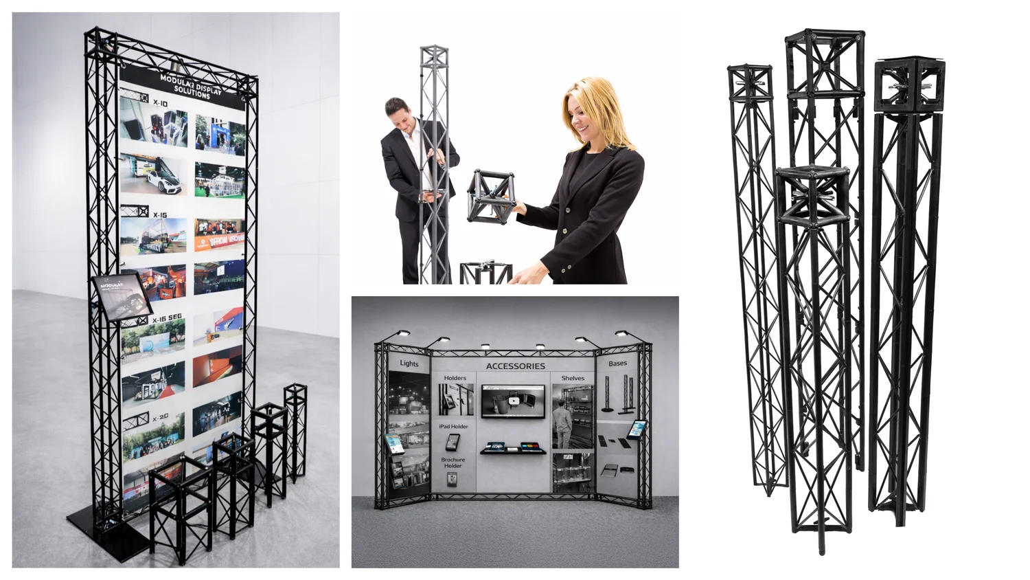 Composition de structures d’exposition modulaires avec cadres en treillis noir, stands assemblés et présentoirs.