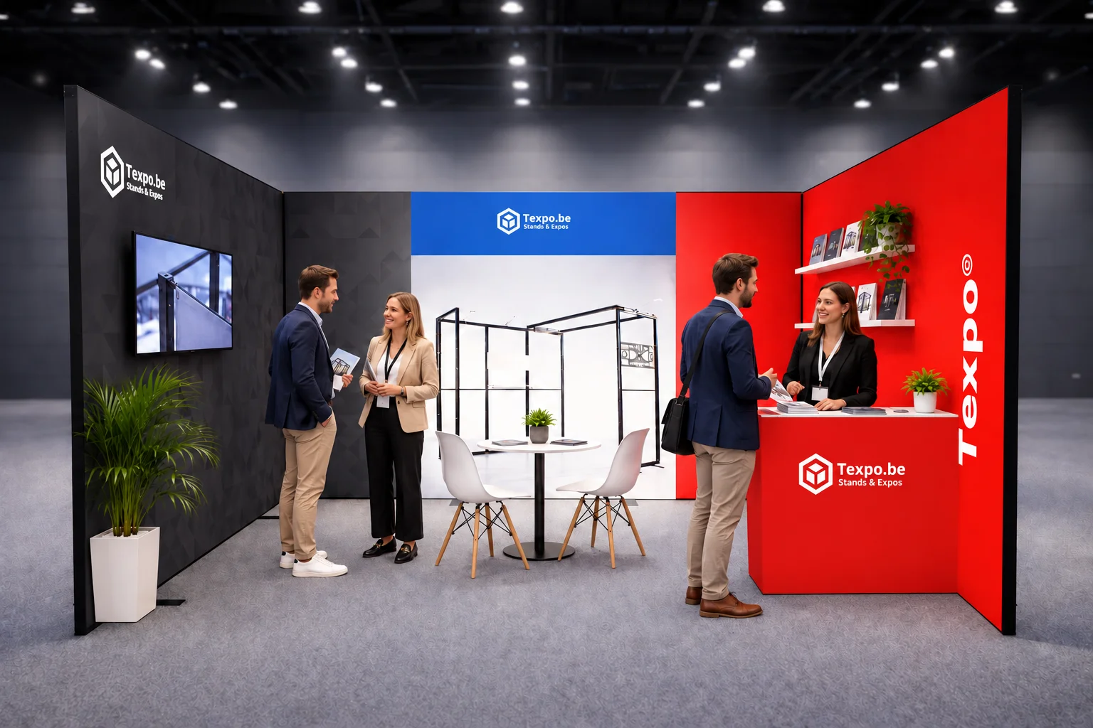 Stand d’exposition avec comptoir d’accueil, table de réunion, sièges, étagères et écrans, avec plusieurs personnes en conversation.
